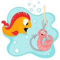 Cute cartoon scared earthworm character sitting on a fishing hook under the water and fish trying to eat worm Royalty Free Stock Photo