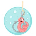 Cute cartoon scared earthworm character sitting on a fishing hook under the water Royalty Free Stock Photo