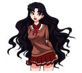 Cute cartoon school girl with wavy black hair and big brown eyes. Hand drawn vector illustration Royalty Free Stock Photo