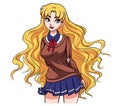 Cute cartoon school girl with wavy blonde hair and big blue eyes. Hand drawn vector illustration Royalty Free Stock Photo