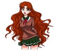 Cute cartoon school girl with wavy red hair and big green eyes. Hand drawn vector illustration