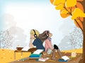 Cute cartoon of Schoolboy and girl with headphones listening to music while doing school homework under the tree. Vector of Royalty Free Stock Photo
