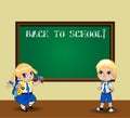 Cute cartoon schoolgirl and schoolboy in uniform with backpacks near chalkboard. Royalty Free Stock Photo