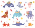 Cute Cartoon Sea Animals And Fish Vector Illustration Set Royalty Free Stock Photo