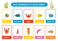 Cute cartoon sea animals with names. Flashcards for learning English