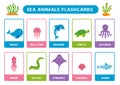 Cute cartoon sea animals with names. Flashcards for learning English