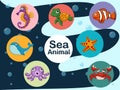 Cute cartoon sea animals underwater. Vector illustration set of collection sea creatures Royalty Free Stock Photo