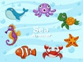 Cute cartoon sea animals underwater. Vector illustration set of collection sea creatures