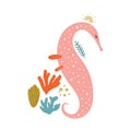 Cute cartoon seahorse flat vector, illustration clip art