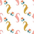 Cute cartoon seahorse flat vector, illustration doodle clip art seamless pattern