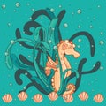 Cute cartoon Seahorse isolated. Seahorse and algae vector illustration. Great for Spring or Summer Royalty Free Stock Photo