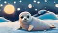 Cute Cartoon Seal Cub on a Snow Landscape, generative Ai