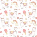 Cute cartoon seamless vector pattern background illustration with lama alpaca, ice cream, rainbow, hearts, flowers and butterflies Royalty Free Stock Photo