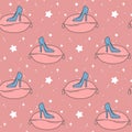 Cute cartoon seamless vector pattern background illustration with princess crystal shoes on pink pillow