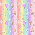 Cute cartoon seamless pattern with candies, ice cream, lollipop and cotton candy on colorful stripes