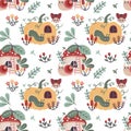 Cute vector cartoon seamless pattern with garden insects worms, ladybug, snail on pumpkin and mushroom with windows