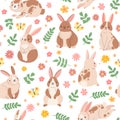 Cute cartoon seamless pattern with rabbit, flower and butterfly. Spring floral background with easter bunny. Childish