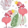 A cute cartoon seamless patternfeaturing a pink flamingo wearing a crown. Princess bird