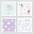 Cute cartoon seamless patterns and templates set. For kids clothes, pajamas, birthday or baby shower design.