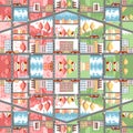 Cute cartoon seamless town map. Spring and summer cityscape.