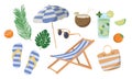 Cute cartoon set of beach holiday elements. Vector hand drawn summer clipart on white background Royalty Free Stock Photo