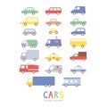 Different types of transport is isolated on white background in cartoon style. Cars, emergency services, taxi and others. Royalty Free Stock Photo