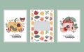 Cute vector cartoon set of garden cards with insects worms on pumpkin with windows, leaves, mushroom, flowers, ladybug Royalty Free Stock Photo