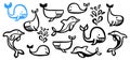Cute cartoon set of whales and dolphins hand painted with ink brush Royalty Free Stock Photo