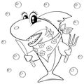 Cute cartoon shark with fork and knife. Black and white vector illustration for coloring book Royalty Free Stock Photo