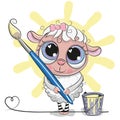 Cute Sheep with brush is drawing a sun Royalty Free Stock Photo