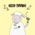 Cute cartoon sheep and chirping bird. Royalty Free Stock Photo