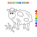 Cute cartoon sheep eating grass coloring book for kids. black and white vector illustration for coloring book. sheep eating grass