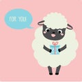 Cute cartoon sheep with gift box. Greeting card design with sweet lamb for birthday, romantic and other events