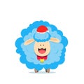 Cute cartoon sheep mascot character. Vector illustration of fluffy sheep feeding with red ribbon, bell, and christmas hat Royalty Free Stock Photo