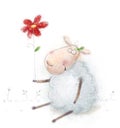 Cute cartoon sheep with the red flower. Valentines greeting card. Happy birthday card. Mothers day card.Congratulations.