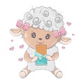 Cute cartoon sheep vector illumination. Sheep sits with a bar of chocolate. Cute little illustration of lamb for kids