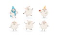 Cute Cartoon Sheep Vector Set. Farm Wooly Character Wearing Warm Clothing