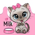 Cartoon Siamese Kitten with a plate of milk on the pink background Royalty Free Stock Photo