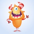 Cute cartoon silly orange horned monster with one eye. Vector bigfoot character.