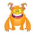 Cute cartoon silly orange horned monster. Vector bigfoot character.