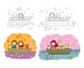 Cute cartoon sisters swim in a boat with hares, a cat and a fox. Little girls and funny animals Royalty Free Stock Photo