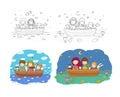Cute cartoon sisters swim in a boat with hares, a cat and a fox. Little girls and funny animals Royalty Free Stock Photo