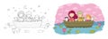 Cute cartoon sisters swim in a boat with hares, a cat and a fox. Little girls and funny animals Royalty Free Stock Photo