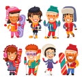 Cute Cartoon Skiers, Skaters and Snowboarders