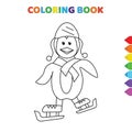 Cute cartoon skiing penguin coloring book for kids. black and white vector illustration for coloring book. skiing penguin concept Royalty Free Stock Photo