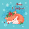 Cute cartoon sleeping fox. Greeting card for New Year and Christmas. Vector illustration Royalty Free Stock Photo