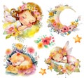 Cute cartoon sleeping little fairy. Watercolor clipart set of fairy, moon, kitty and flowers