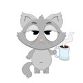 Cute cartoon sleepy cat with a cup of coffee in hands. Vector il