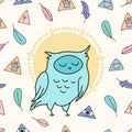 Cute cartoon sleepy owl on magic yellow background seamless pattern, hand drawn editable vector