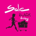 Cute cartoon slim woman silhouette running with shopping carts.